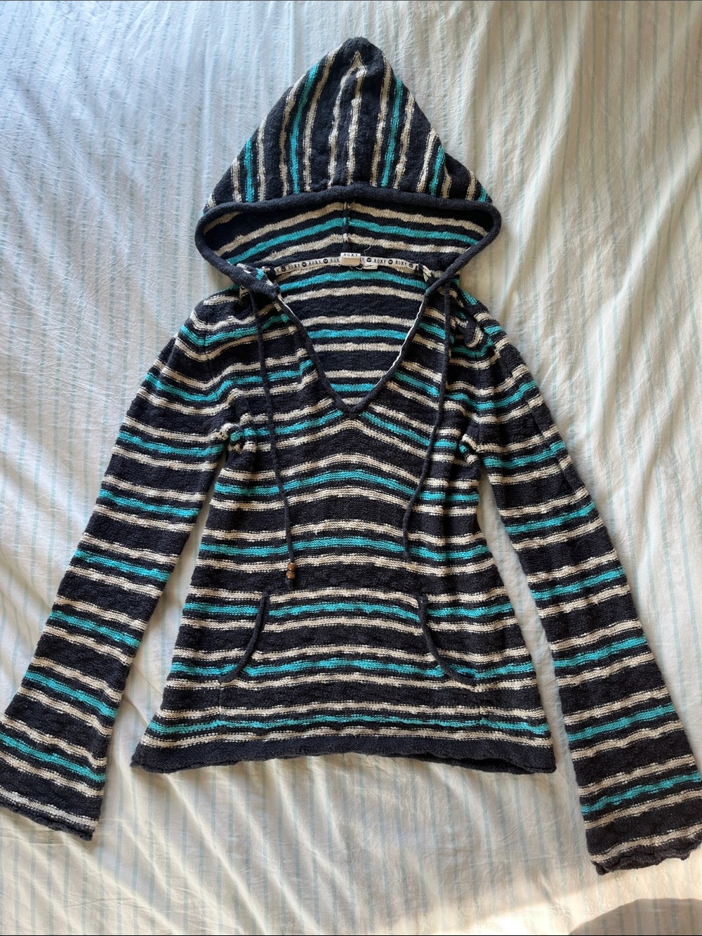 ROXY 2000s Surfer Striped Knit Hoodie in Black, Teal & Cream (2011)